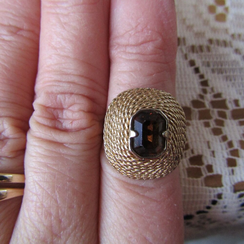 Amber Gemstone Upcycled Cufflink Art Deco Rope Design Adjustable Ring Handmade